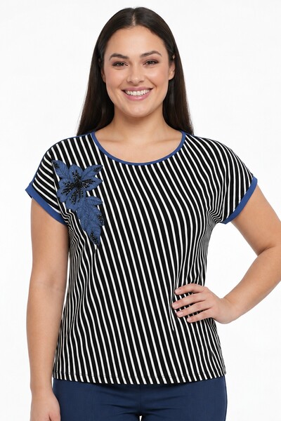 By Saygı Women's Verev Striped Floral Appliqued Short Sleeve Lycra Viscose Pl...