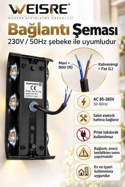 Weisre 6W LED Duvar Apliği İç Dış Mekan 6 Işınlı Yukarı Aşağı Dekoratif Siyah Duvar Lambası AC 85-265V