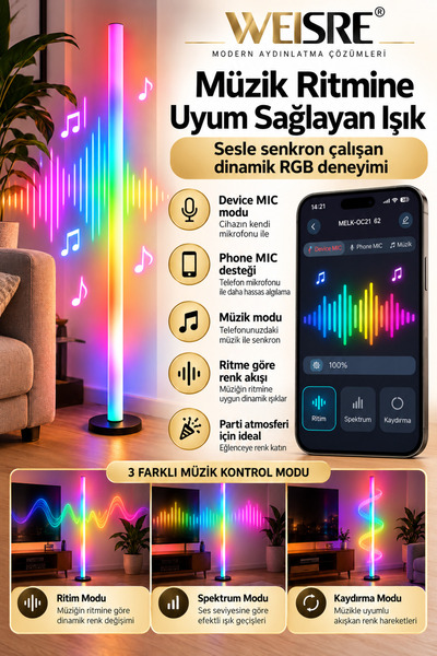 Weisre RGB LED Akıllı Ayaklı Lambader Bluetooth Uygulamalı Kumandalı Renkli Ambiyans Aydınlatma