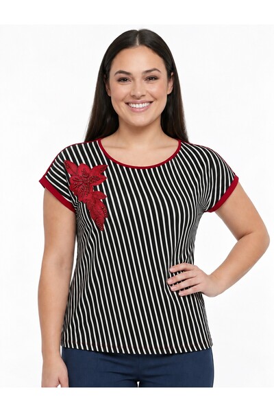 By Saygı Women's Verev Striped Floral Appliqued Short Sleeve Lycra Viscose Pl...