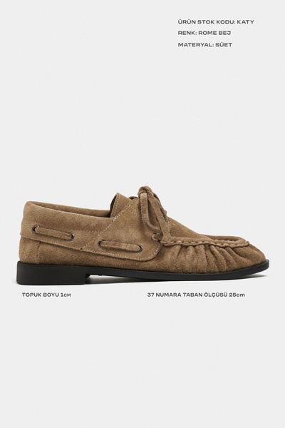 NİŞANTAŞI SHOES Katy Rome Bej Hakiki Süet Deri Saraç Büzgü Detay Marin Kadın Loafer
