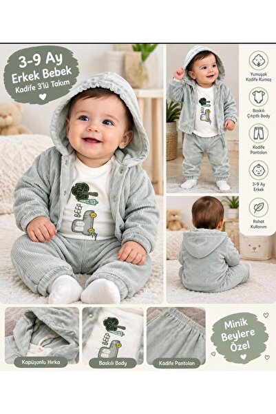 EYMORA KAPİŞONLU KADİFE SU YEİŞİLİ 3 LÜ BEBEK TAKIM