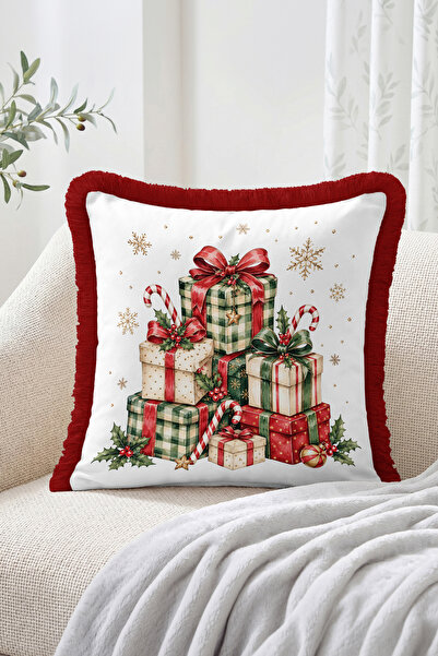 Realhomes Christmas Gifts and Snowflakes Pattern Fringe-Tassel Throw Pillow C...