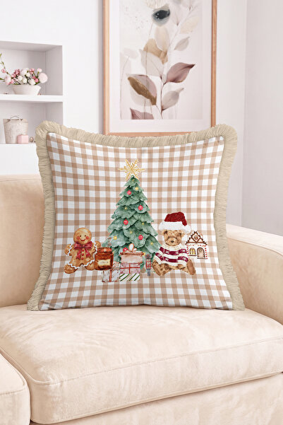 Realhomes Christmas Pine Tree, Teddy Bear and Cookie Patterned Checkered Frin...