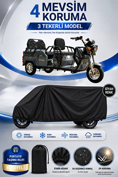 Motobros ARORA XLT48A NAVARA Uyumlu 3 Tekerlekli Elektrikli Araç Brandası Siyah Su Geçirmez UV Korumalı 4 Mevsim Motosiklet Branda