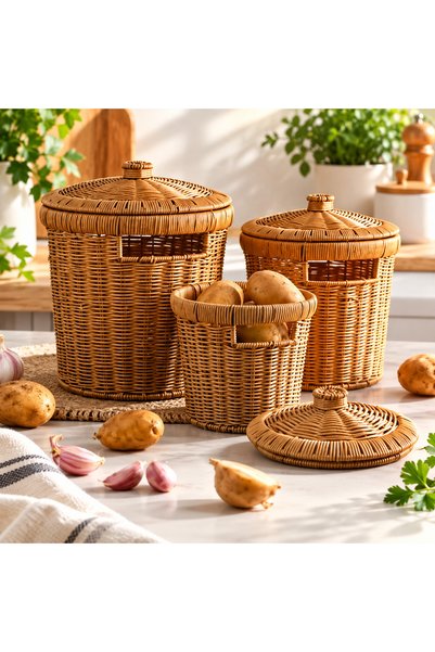 Pembelia Life 3’lü Hasır Patates Soğan Sarımsak Sepeti Seti-Rattan Dekoratif ...