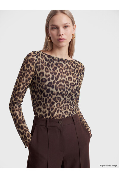 LC Waikiki TexX Store Kalitesi LCW Vision Ekru Tül Leopar Oval Yaka Uzun Koll...