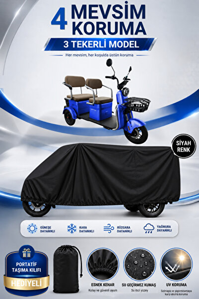 Motobros KRAL MOTOR DOLPHIN-L Uyumlu 3 Tekerlekli Elektrikli Araç Brandası Siyah Su Geçirmez UV Korumalı 4 Mevsim Motosiklet Branda