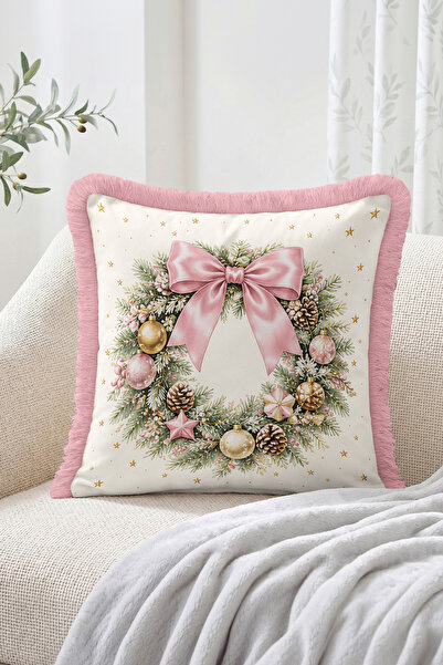 Realhomes Christmas Wreath Bow and Pinecone Pattern Fringe-Tassel Throw Pillo...