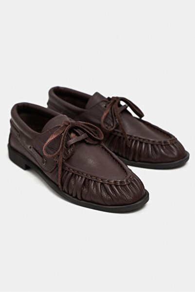 NİŞANTAŞI SHOES Katy Kahve Hakiki Mat Deri Saraç Büzgü Detay Marin Kadın Loafer