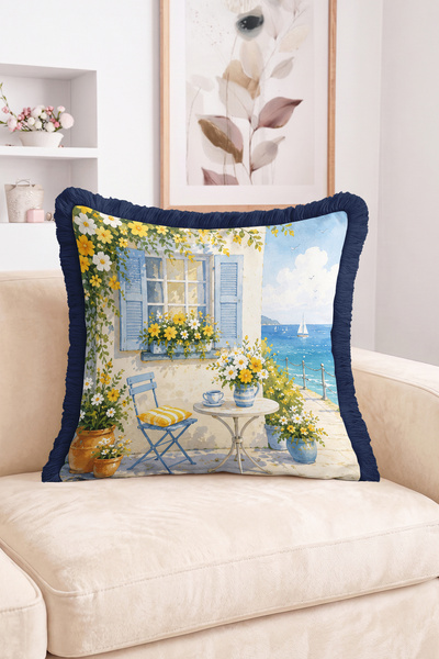 Realhomes Seaside View Floral Window and Table Patterned Fringed-Tasseled Thr...