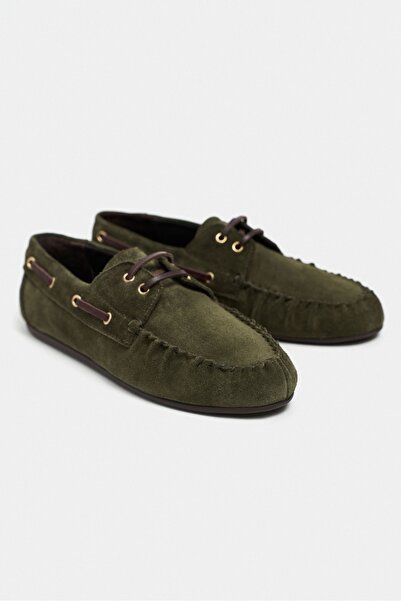 NİŞANTAŞI SHOES Lorena Haki Süet Deri Marin Bağcık Detay Düz Taban Kadın Loafer
