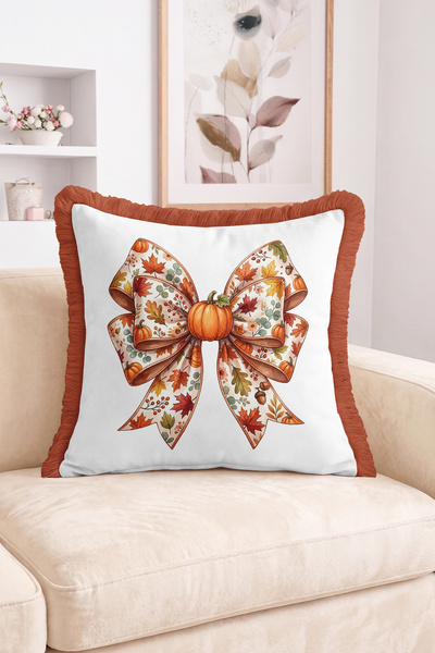 Realhomes Autumn Pumpkin Leaf Bow Pattern Fringed-Tasseled Throw Pillow Cover