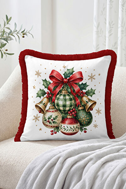 Realhomes Christmas Ornament, Bell and Ribbon Patterned Fringed-Tasseled Thro...