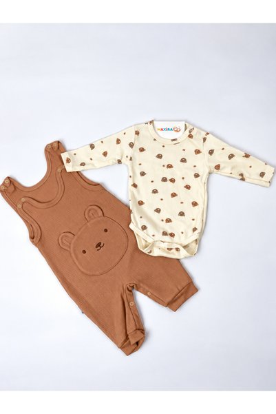 MAXİRA Happy Bear Ayıcık Desenli 3’lü Bebek Takımı – Salopet Tulum, Uzun Kollu Body ve Çorap