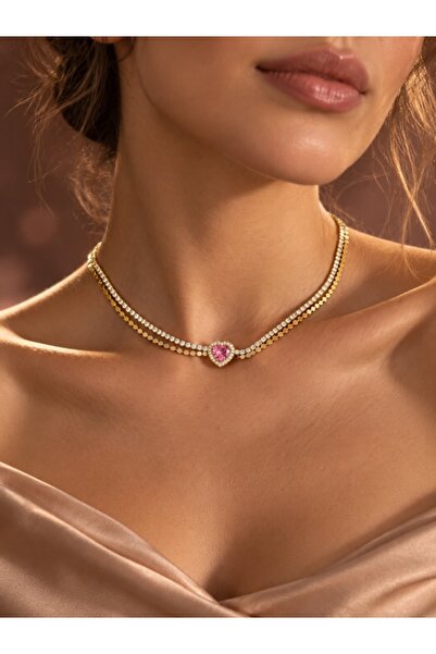 Beatis Pink Heart Stone Double Row Waterway Necklace Gold Color Flake Chain W...