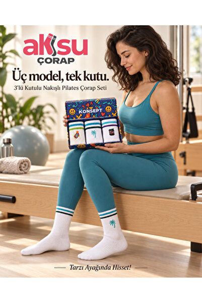 AKSU ÇORAP A box of summer - embroidered college 3-piece boxed pilates socks set