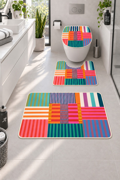 Kaymaz Tabanlı Yıkanabilir 3’lü Klozet Takımı Pembe Banyo Paspası – Modern Banyo Halısı