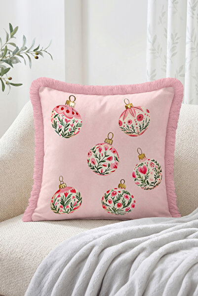 Realhomes Floral Christmas Balls and Fringed-Tasseled Throw Pillow Cover with...