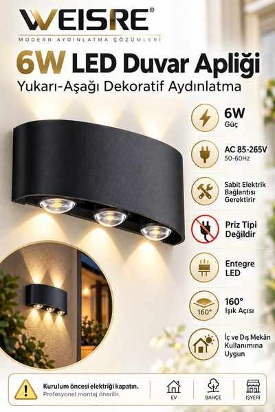 Weisre 6W LED Duvar Apliği İç Dış Mekan 6 Işınlı Yukarı Aşağı Dekoratif Siyah...