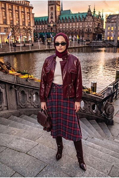 Avenna Yüksek Bel Ekose Desenli Uzun Etek 92 Cm Boy Bordo 26KT112