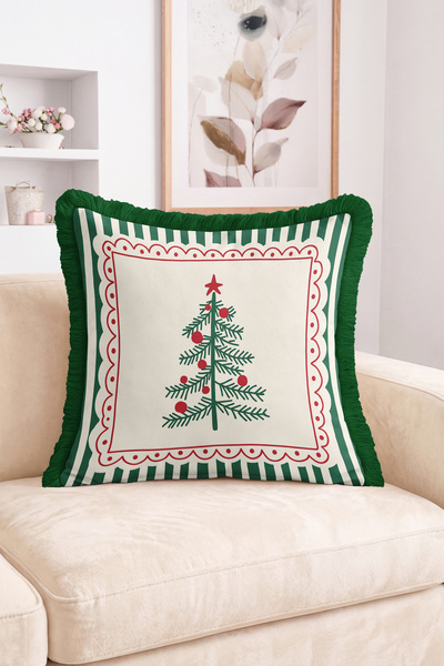 Realhomes Christmas Pine Tree and Red Ornaments Patterned Striped Decorative ...