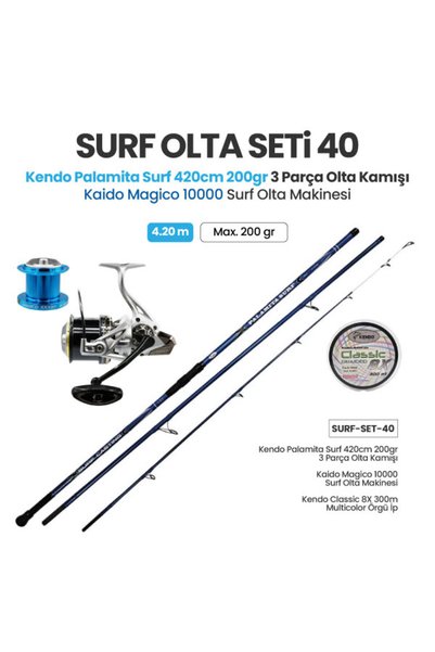 Kendo Palamita Surf 420cm 200gr 3 Parça Olta Kamışı + Kaido Magico 10000 Surf Olta Makinesi + Surf Olta Seti 40