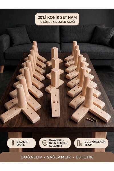 LEGORA WOOD DESIGN 15 Cm Ahşap Ham Konik Mobilya Ayağı 20'li Set Köşe ve Dest...