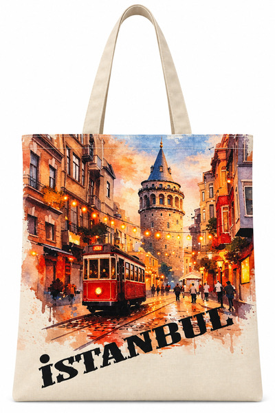 TRENDHİLL Tram Taksim Pattern Printed Cotton Tote Bag 35X40Cm -Bc11