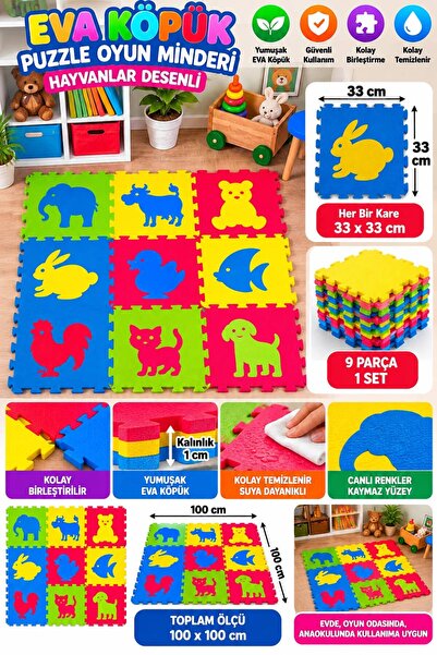 BYCEGU 9 Parça Hayvan Desenli EVA Köpük Puzzle Oyun Matı – 33x33 cm Eğitici Y...