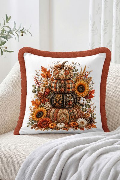 Realhomes Fall Pumpkins and Sunflowers Patterned Fringed-Tasseled Throw Pillo...