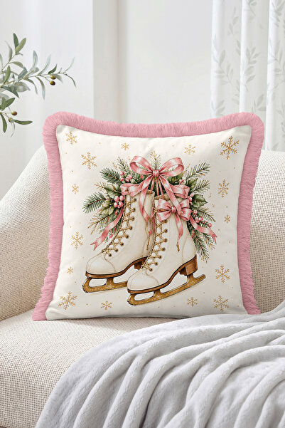 Realhomes Winter Themed Ice Skating and Ribbon Pattern Throw Pillow Cover wit...