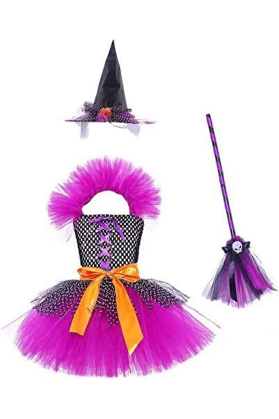 Andanna Witch Costume for Girls with Tutu Dress, Witch Broom & Hat Halloween ...