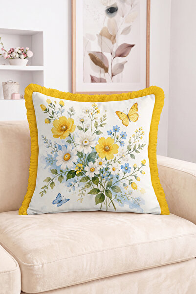 Realhomes Botanical Floral and Butterfly Fringe-Tassel Throw Pillow Cover