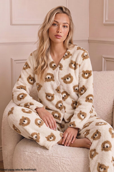 Siyah İnci Ecru Bottom-Top Wellsoft Buttoned Winter Knitted Cardigan Pajama S...