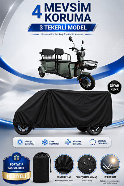 Motobros KRAL MOTOR SARIN Uyumlu 3 Tekerlekli Elektrikli Araç Brandası Siyah Su Geçirmez UV Korumalı 4 Mevsim Motosiklet Branda