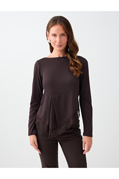 Jimmy Key Bitter Brown Lace Detailed Boat Neck Soft Touch Blouse