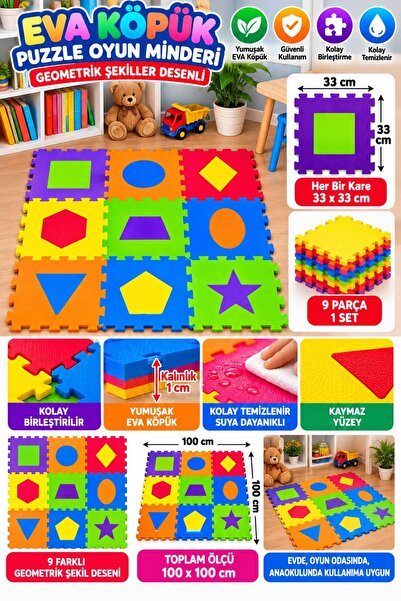 BYCEGU 9 Parça Geometrik Şekiller Desenli EVA Köpük Puzzle Oyun Matı – 33x33 ...