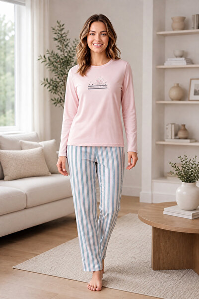 FLZ Women's Winter Viscose Pajama Set Long Sleeve Striped Trousers Comfortabl...