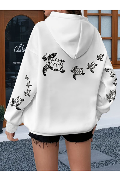 Ekru Oversize Kapüşonlu Sweatshirt Pamuklu Baskılı Kadın / Kız