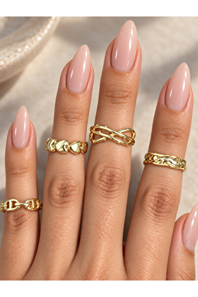 EKİDORA Women's Gold Color 4-Piece Glow Series Ring Set Adjustable Minimal Co...