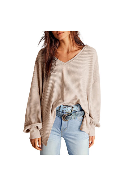 OtherMax Bluză Damă Tip Tunică Waffle Casual Oversize V-Neck Bej XXL — bluză ...