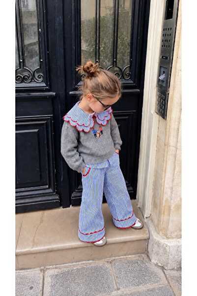 elzo collection Girl's Collar and Shirt Detailed Knitwear Top and Striped Pan...