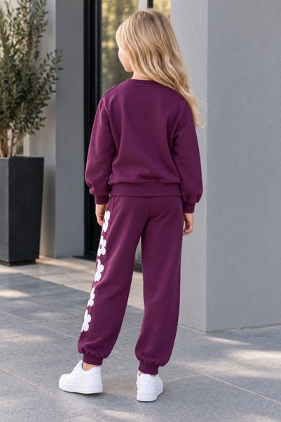 Yalçınoğlu Kids Kız Çocuk Çiçek Desenli 2 İplik Eşofman Takımı Sweatshirt ve Jogger Pantolon Günlük Spor Giyim Rahat Kalıp Çocuk Eşofman Seti 2-9 Yaş