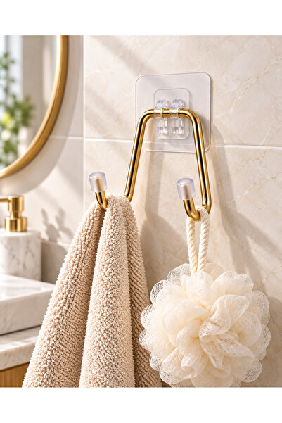 ARVALE Yapışkanlı Gold 1 Adet Çift Kancalı Banyo Mutfak Askısı Krom Askılık D...