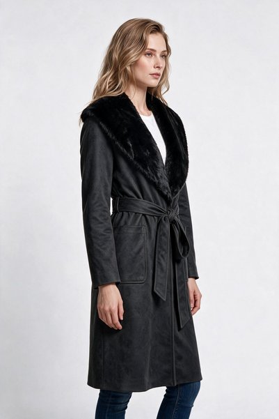 Ekol Women's Suede Textured Wide Fur Collar Belted Midi Length Coat