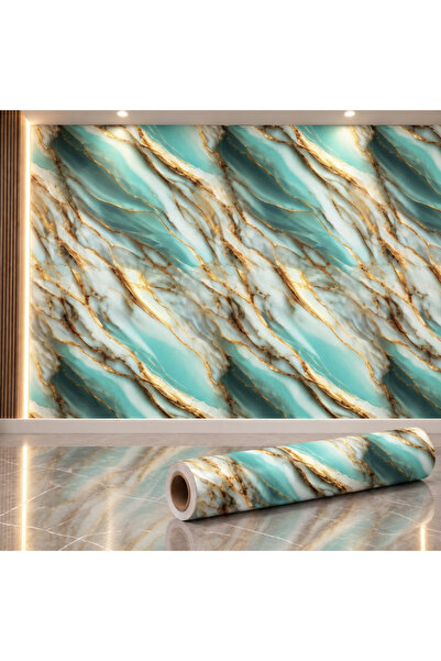 Tapetoo Home Decor Ταπετού ®   Ταπετσαρία Μαρμάρου Τυρκουάζ, Λευκό & Χρυσό, 1...