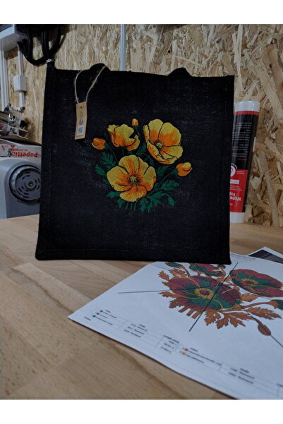 OEM Geantă medie neagră din iută, brodată cu maci, 30×30×19 cm |   AYA HOME