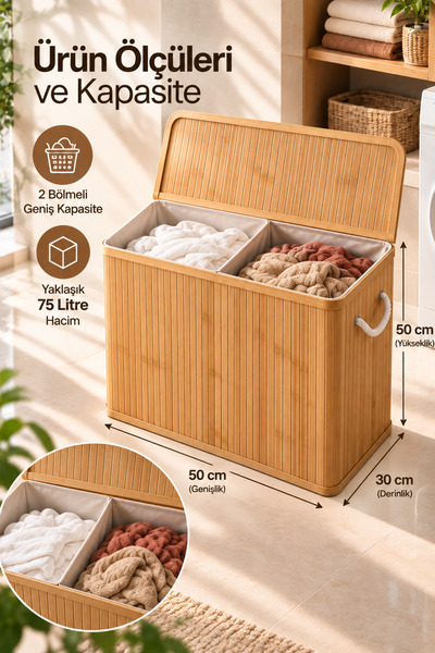 ESTİ Bambu 2 Bölmeli Çamaşır Sepeti 75 L | Kapaklı, Çıkarılabilir İç Hazneli Kirli Çamaşır Sepeti 50x30x50 cm