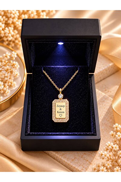 Şimal Silver 925 Ayar Gümüş Altın Kaplamalı Kişiye Özel İsimli Taşlı Plaka Kolye
